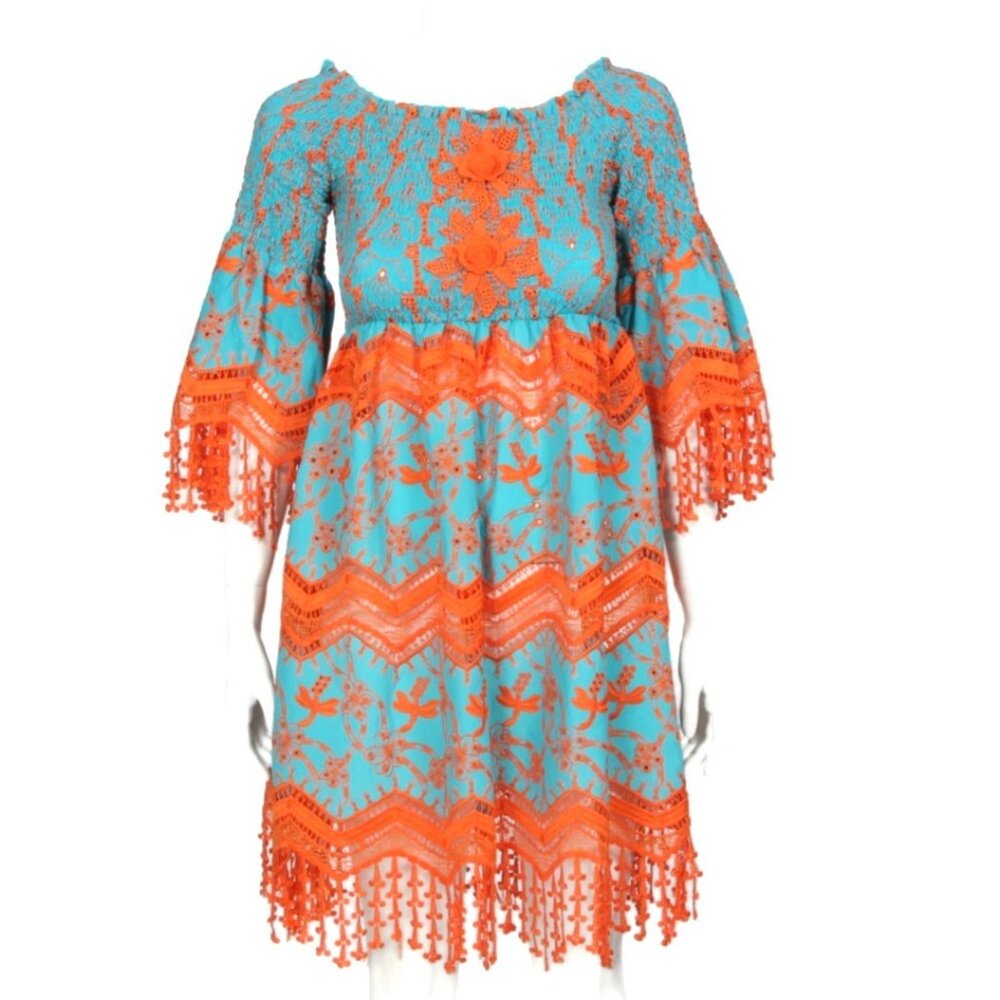 NWT ANTICA SANTORIA Turquoise Orange Embroidered Eyelet Fringe Mini Dress OS 295